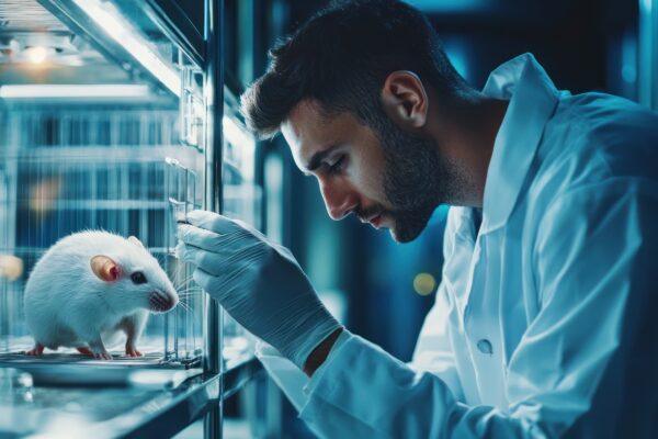 Researcher in a lab coat observing a mouse model in a cage, studying brain tumors.