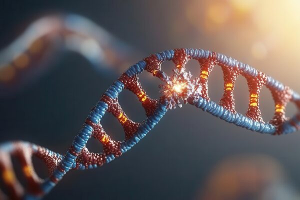 DNA damage leading to cancer 3D visualization showing DNA strands breaking apart, leading to cancer cell formation, with bright color contrasts for educational use